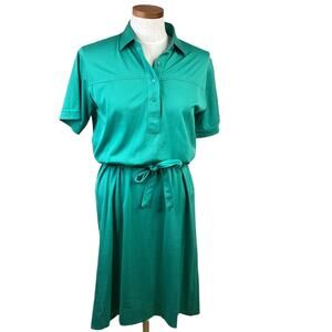 Vtg Leon LevIn Shirt Dress Sm/M Green Collard Button up Belt Polyester Cotton